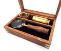 Zestaw Podróżnika – Lupa, Kompas i Luneta w Drewnianym Pudełku